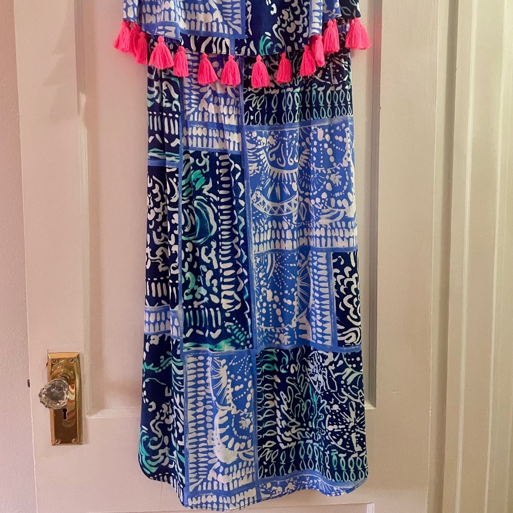 Lilly Pulitzer Meridian Deep Indigo Back Flounce Tassel Strapless Midi Dress L - Picture 3 of 8